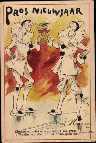 Ak Glückwunsch Neujahr, Zwei Harlekine stoßen an