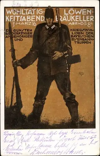 Künstler Ak Wohltätigkeitsabend Löwenbräukeller München 1916, Bayr. Eisenbahntruppen