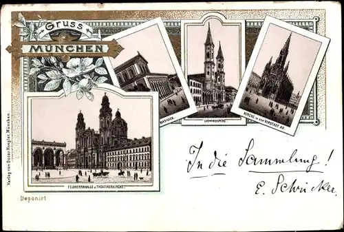 Litho München, Feldherrnhalle, Theatinerkirche, Ludwigskirche, Basilica