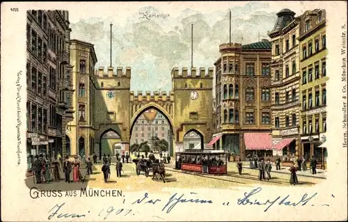 Litho München Bayern, Karlstor, Straßenpartie, Straßenbahn