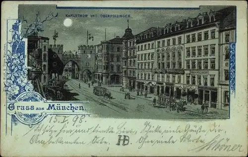 Mondschein Litho München Bayern, Karlstor, Oberpollinger