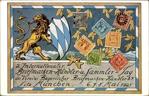 Briefmarken Wappen Künstler Ak Bungerz, München, Briefmarken Händler und Sammler Tag 1921