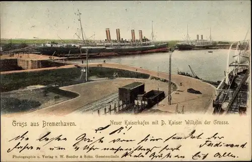Ak Bremerhaven, Neuer Kaiserhafen mit Dampfschiff Kaiser Wilhelm der Große, Norddeutscher Lloyd