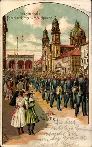 Künstler Litho Peters, R., München Bayern, Feldherrnhalle, Theatinerkirche, Wachparade