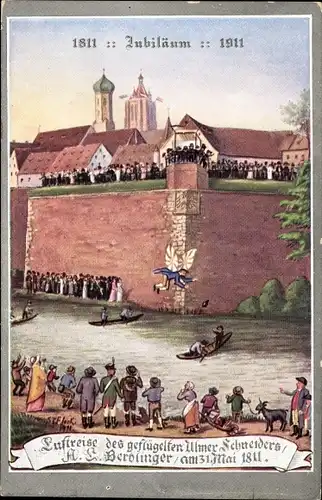 Künstler Ak Ulm an der Donau, der Schneider von Ulm, Luftreise 1811, Jubiläum 1911