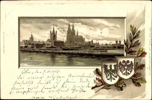 Präge Wappen Passepartout Litho Köln am Rhein, Totalansicht, Schiffsbrücke, Dom