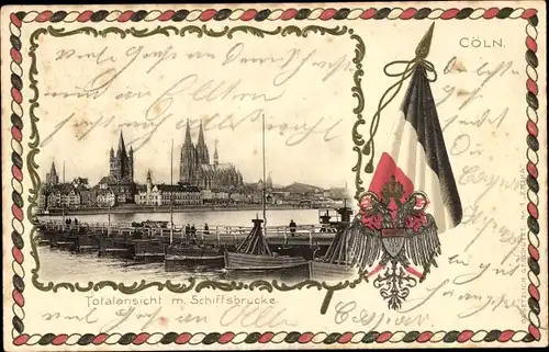 Präge Wappen Passepartout Ak Köln am Rhein, Totalansicht, Schiffsbrücke, Dom