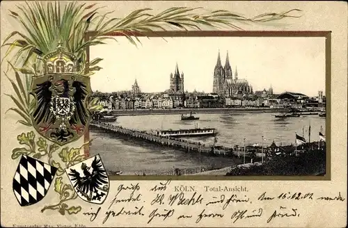 Präge Wappen Passepartout Ak Köln am Rhein, Totalansicht, Schiffsbrücke, Dom