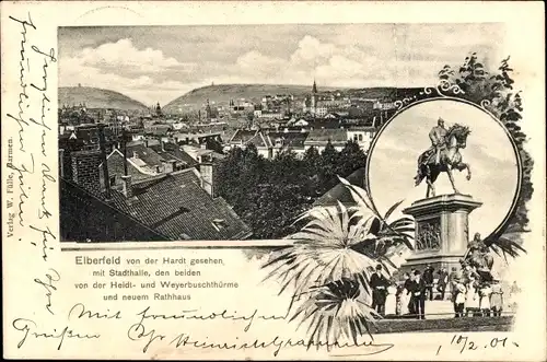 Ak Elberfeld Wuppertal, Panorama von der Hardt gesehen, Stadthalle, neues Rathaus, Denkmal