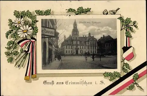 Passepartout Ak Crimmitschau in Sachsen, Markt mit Rathaus, Denkmal, Eichenlaub, Panorama