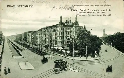 Ak Berlin Charlottenburg, Bismarckstraße vom Knie aus gesehen, Hotel Fürst Bismarck, Straßenbahn