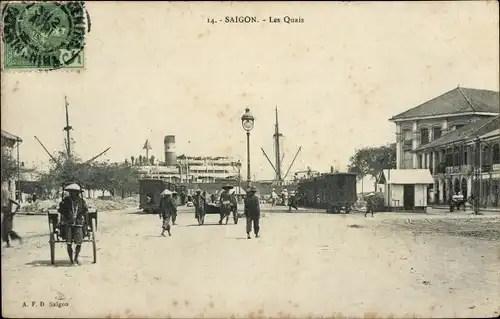 Ak Saigon Cochinchina Vietnam, Hafenpartie, Dampfer, Messageries Maritimes, MM, Rikscha
