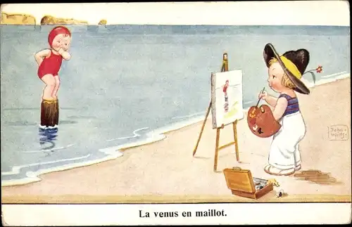 Künstler Ak Wills, John, Junge als Maler am Strand, Mädchen im Badeanzug