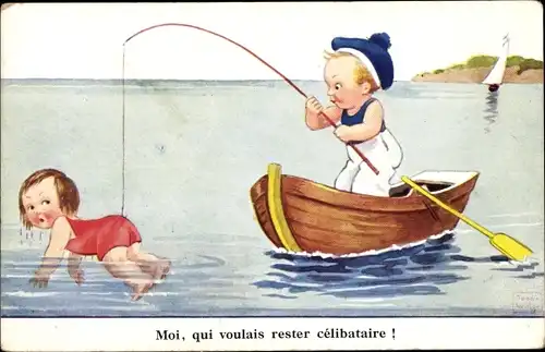 Künstler Ak Wills, John, Junge mit Angel im Ruderboot, Mädchen im Badeanzug am Haken