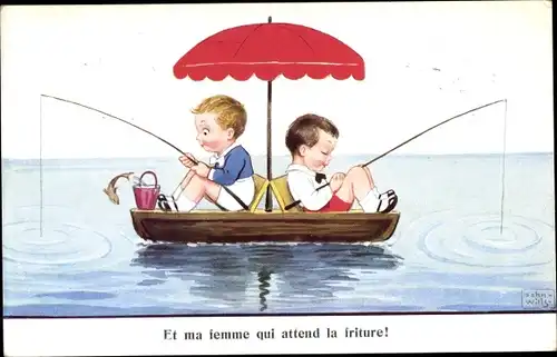 Künstler Ak Wills, John, Zwei Jungen mit Angeln in einem Boot, Sonnenschirm