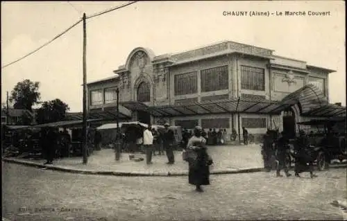 Ak Chauny Aisne, Überdachter Markt