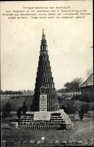 Ak Avricourt Lothringen Moselle, Kriegerdenkmal aus Granathüllen, 9 Res. Korp.