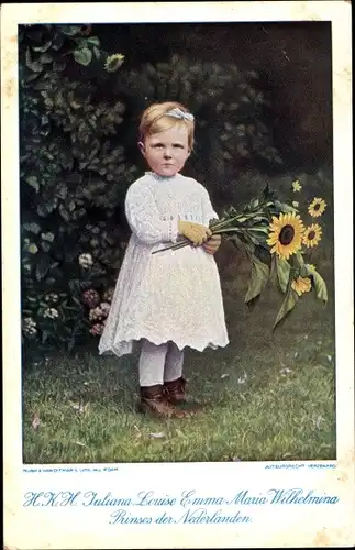 Ak Prinzessin Juliana der Niederlande als Kleinkind mit Sonnenblumen