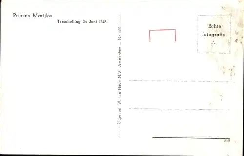 Ak Terschelling Friesland Niederlande, Prinzessin Marijke 1948