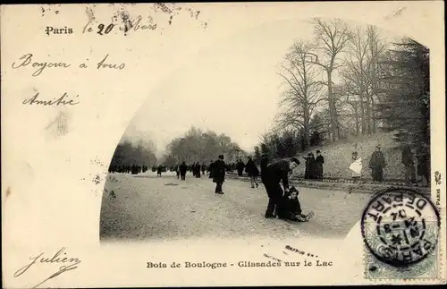 Ak Paris, Bois de Boulogne, Glissaden sur le Lac