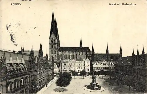 Ak Hansestadt Lübeck, Markt, Marienkirche