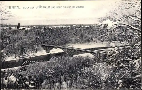 Ak Grünwald im Isartal Oberbayern, Neue Brücke, Winteransicht