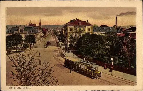 Ak Kehl am Rhein, Straßenbahn, Schornstein, Kirchturm