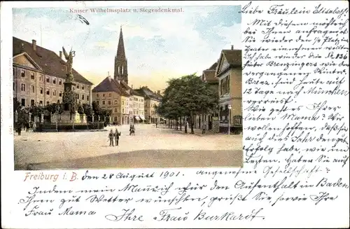 Ak Freiburg im Breisgau, Kaiser Wilhelmsplatz, Siegesdenkmal, Passanten