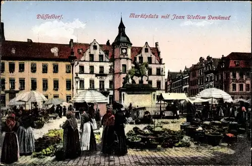 Ak Düsseldorf am Rhein, Marktplatz mit Jean Wellem Denkmal