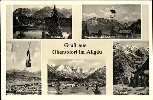 Ak Oberstdorf im Oberallgäu, Freibergsee, Sesselbahn Schönblick, Einödsbach, Nebelhornbahn