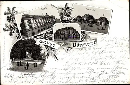 Litho Düsseldorf am Rhein, Hauptbahnhof, Theater, Tonhalle, Kriegerdenkmal