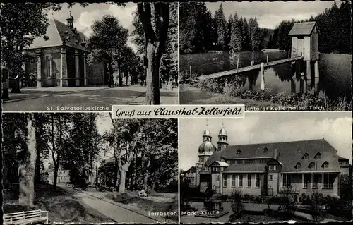 Ak Clausthal Zellerfeld im Oberharz, St. Salvatoriuskirche, Markt-Kirche, Terrassen