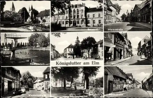 Ak Königslutter an der Elm, Freibad, Hotel, Park, Straßenpartie, Rathaus, Kirche