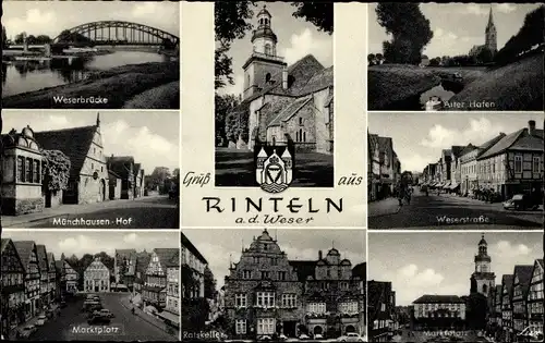 Ak Rinteln an der Weser, Alter Hafen, Weserbrücke, Marktplatz, Münchhausen-Hof, Kirche