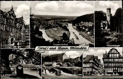 Ak Hann. Münden in Niedersachsen, Rathaus, Tillyschanze, Marktstraße, Weserstein