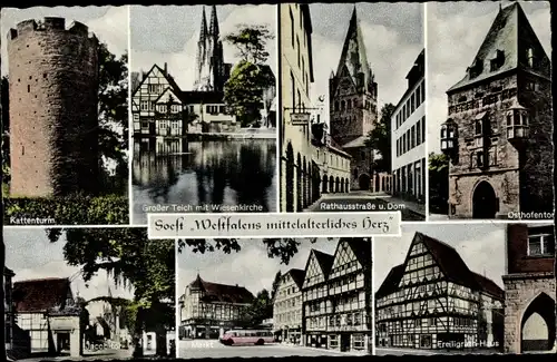 Ak Soest in Westfalen, Rathaus, Osthofentor, Freiligrath Haus, Jakobitor, Kattenturm