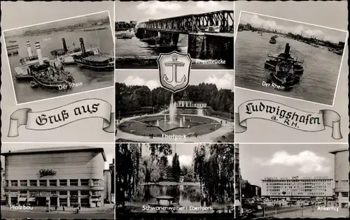 Ak Ludwigshafen am Rhein, Ebertpark, Rheinbrücke, Schiffe