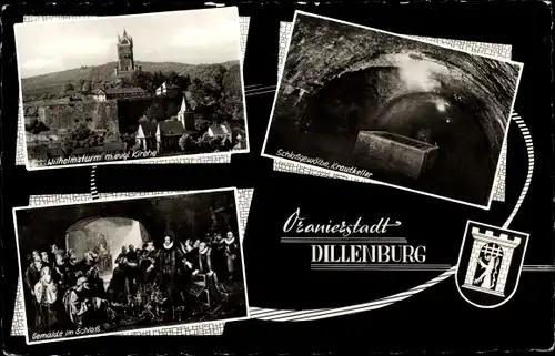 Ak Dillenburg in Hessen, Wilhelmsturm, Gemälde, Schloss, Keller, Wappen