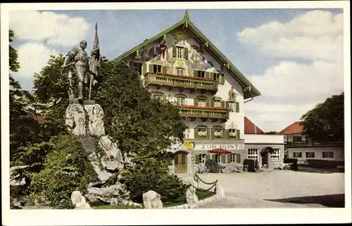 Ak Kochel am See Oberbayern, Schmied von Kochel Denkmal, Zur Post