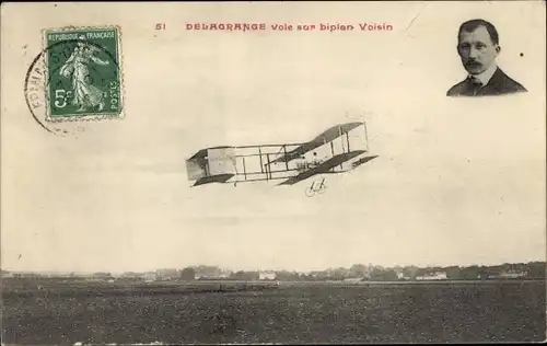 Ak Delagrange fliegt im Doppeldecker Voisin, Porträt
