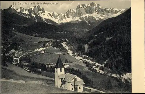 Ak St. Zyprian Trentino Südtirol, Kirche, Rosengarten