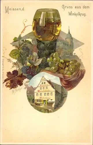 Künstler Litho Näther, M., Meißen in Sachsen, Weinschänke Winkelkrug, Weinglas, Weintrauben