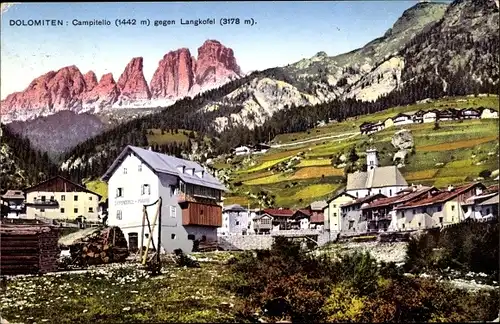 Ak Campitello di Fassa Südtirol, Blick auf Ort gegen Langkofel, Dolomiten