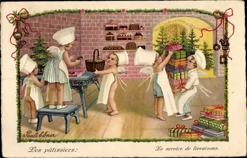 Künstler Ak Ebner, Pauli, Glückwunsch Weihnachten, Les patissiers, Engel in der Backstube, Geschenke