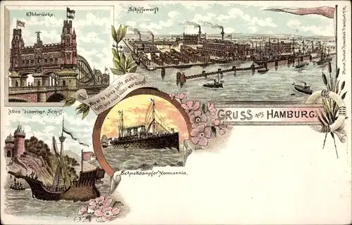Litho Hamburg, Schiffswerft, Schnelldampfer Normannia, Segelschiff, Elbbrücke