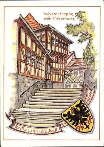 Wappen Ak Nordhausen am Harz, Wassertreppe mit Finkenburg