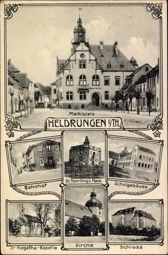 Ak Heldrungen Thüringen, Bahnhof, Dr. Haertings Haus, St. Golgatha Kapelle