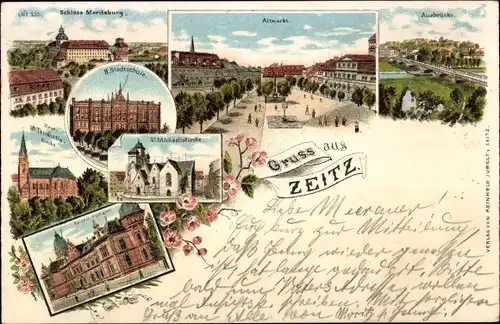 Litho Zeitz Burgenlandkreis, St. Michaeliskirche, Altmarkt, Auebrücke, Schloss Moritzburg