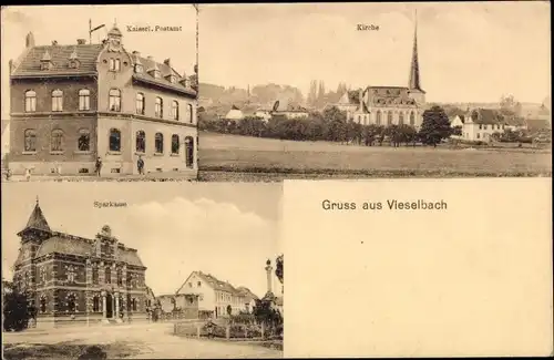 Ak Vieselbach Erfurt in Thüringen, Postamt, Sparkasse, Kirche