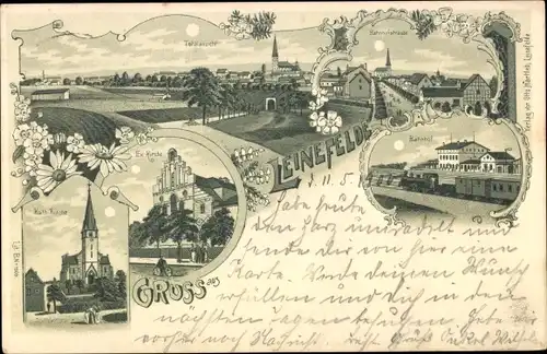 Mondschein Litho Leinefelde im Eichsfeld Thüringen, Bahnhof, Gleisseite, Bahnhofstraße, Kirchen